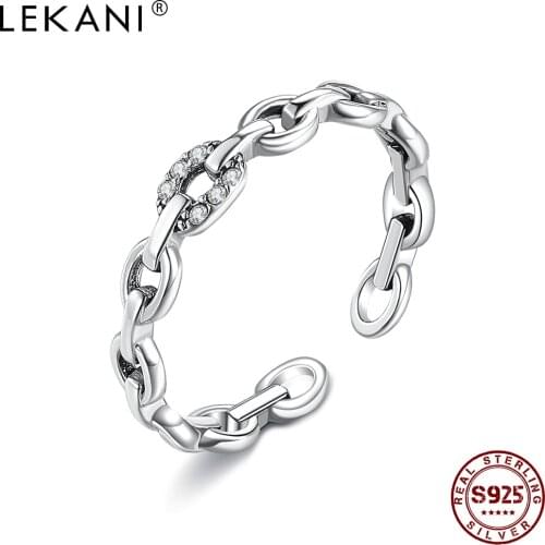 LEKANI 925 Sterling Silver Opening Geometric Chain Ring For Women Cubic Zirconia Female Finger Rings Wedding Statement Jewelry