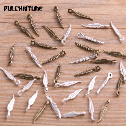 100PCS 2*16mm Two Color Vintage Metal Zinc Alloy Small Feather Charms Fit Jewelry Animal Pendant Charms Makings