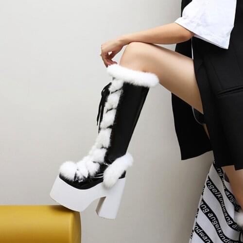 2020 Small big Size 28-43 Knee High Boots warm thick plush Square High Heel high Quality Winter Snow boots for women shoes Z2