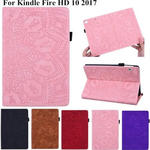 3D Flower Embossed PU Leather Skin for Fire HD 10 Case Ultra Slim Folding Tablet Cover for Amazon Fire HD 10 Case 2017 + Pen