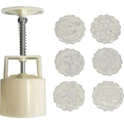 6pcs Hand Press Cookie Stamp Moon Cake Decor Barrel Mooncake Mold 50g Pastry DIY