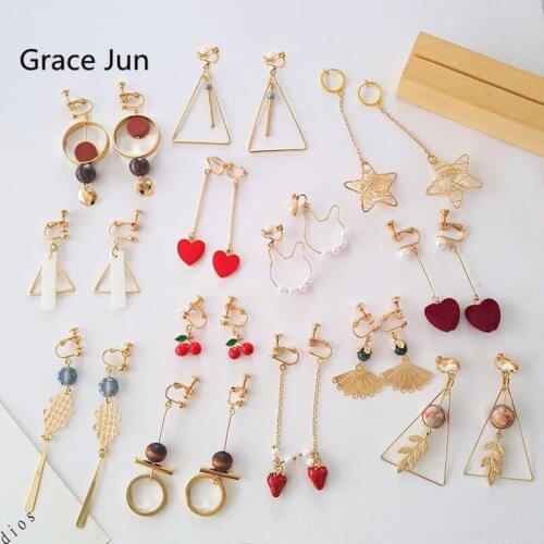 Grace Jun Korea Style Enamel Heart Bow Fan Geometric Clip on Earrings No Pierced for Girl Party Lovely Earrings Needn't Ear Hole