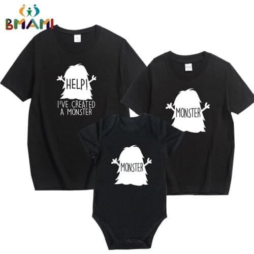 New Father Son Boys Kids T Shirts Monster Print Family Matching Outfits Letter Family Look Matching Clothes Short Sleeve Tops