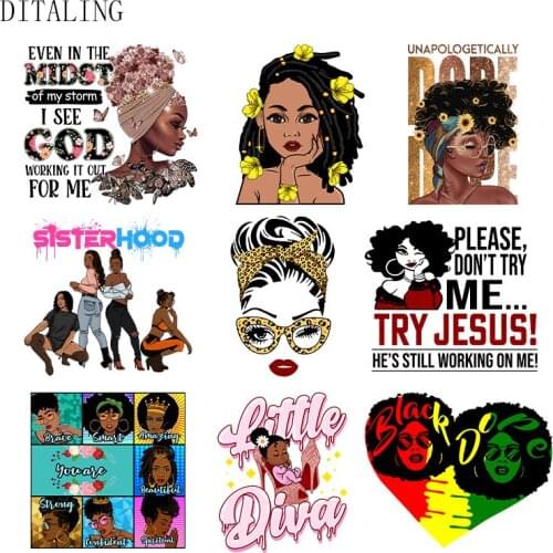 Beautiful Girl Patches Black Sister Thermal Sticker On Clothing DIY Washable Patch For T-Shirt Hoodies Canvas Bag Iron On Decals