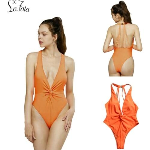 LaFata Womens Shirring Design V-Neck Low Back One Piece Swimsuit