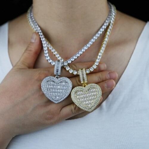 Iced out Heart-shaped Photo Frame Pendant Necklace Charm Openable Locket Necklace Women Men hip hop Jewelry with cz tennis chain
