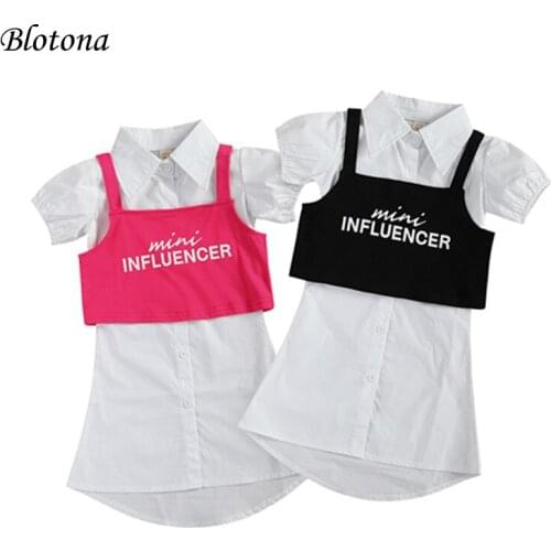 Blotona Kids Girls Summer Casual 2Pcs Clothes Set, White Solid Color Short Sleeve Shirt Dress+Letters Printed Vest Tops 2-7Years