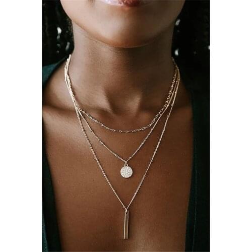 MAA-OE Vintage Fashion Gold Crystal Geometric Round Bar Pendant Necklace For Women Multilevel 2021 New Chain Female Jewelry Gift