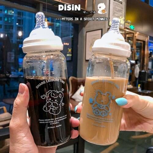 Cute Bear Nipple Cup Kawaii Water Bottle For Girls Kids Portable Drinking Bottles With Straw BPA Free Water Bottles