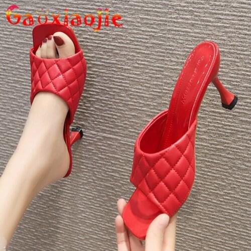 Fashion Ventilate Outdoor Walking Sandal 2021 New Check Plaid Vamp Women Concise Slipper Square Toe 6.5CM Summer High Heel Shoes