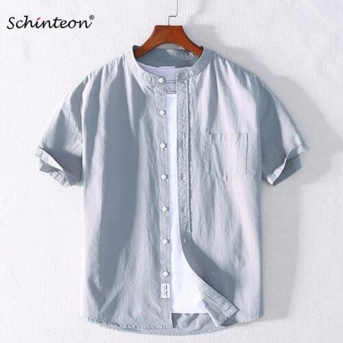 2020 Schinteon Men 100% Cotton Shirt Short sleeved Casual Thin Summer Work Comfortable Shirt Stand Collar Solid Color New