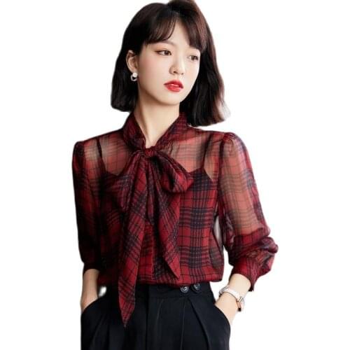 2021 autumn new temperament blouse plaid chiffon bow tie long-sleeved chiffon shirt fashion womens clothing