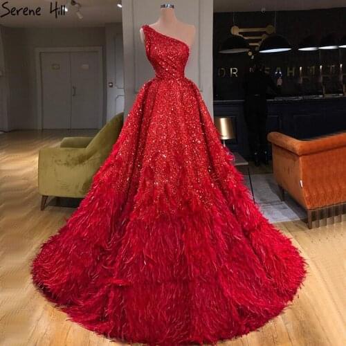 Serene Hill Red A-Line Luxury Evening Dresses 2020 Dubai One Shoulder Feathers Sexy Formal Dress LA70718