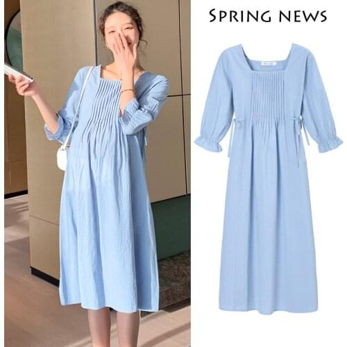2021 Spring Summer Chic Ins Cotton Maternity Long Dress Korean Fashion Pleated Loose Clothes for Pregnant Women Pregnancy
