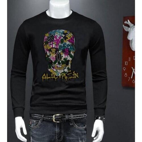 Rhinestones Sweatshirt 2021 Hoodies Men Long Sleeve Casual Loose black Color Round Neck Sports Pullover