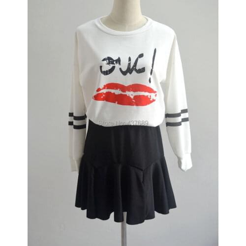 Spring New women O-Neck T-shirt contrast color Lips letter pattern print cotton long sleeve Short paragraph tees tops