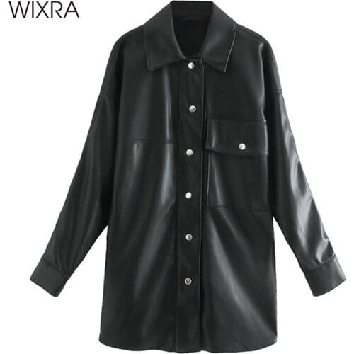 Wixra New Fashion Faux Leather Jackets Lady Elegant Straight Loose Pockets Womens Autumn Buttons PU Street Coats