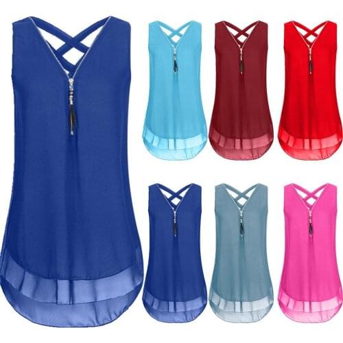 Plus Size Sexy Lady Solid Color Back Bandage V Neck Sleeveless Zipper T-shirt Blouse Vest Tank Top Loose Ladies T-Shirt Tee Top