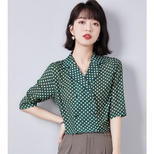 Fashion Blouses Women Polka Dot Short Sleeve Chiffon Shirt Top Vintage Button Up Shirt Plus Size