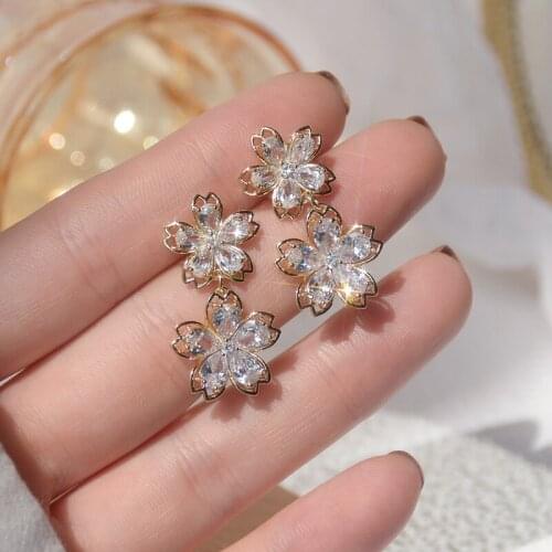 Shiny Side New Accessories Crystal Flower Stud Earrings for Women Fashion Jewelry Elegant Zirconia Long Earrings