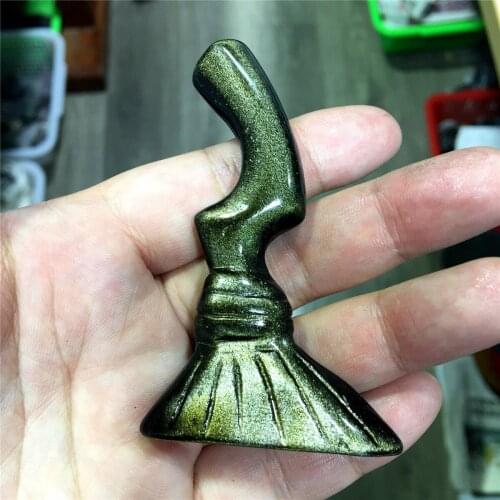 1pcs Natural gold obsidian hand carved cartoon wizard broom carved crystal ornaments Halloween home decoration gift