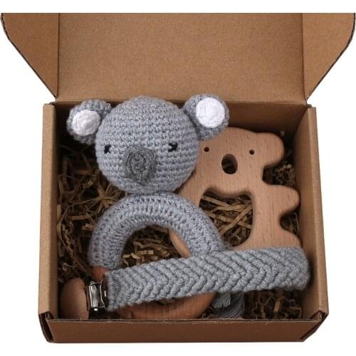 3Pcs Baby Wooden Teether Crochet Pacifier Chain Clips BPA Free Wood Rodent Rattle Baby Mobile Gym Educational Toys