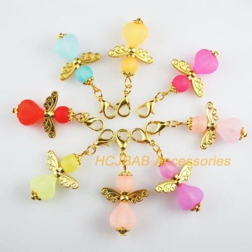 8 New 21.5x33mm Angel Charms Mixed Frosting Heart Acrylic Gold Color Retro With Lobster Claw Clasps