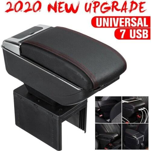 AU05 -Universal Car Armrest Storage Box PU Leather Interior Central Container Dual-Layer Store Content Box with 7 USB Ports
