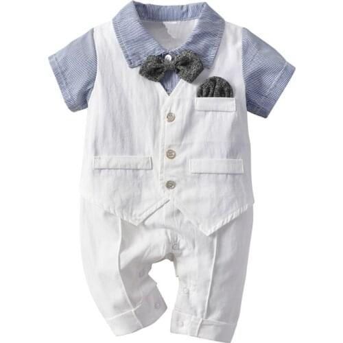 White Formal Newborn Infant Baby Boys Bowtie Romper Jumpsuit Cotton Summer Sunsuit Outfits Fake Two Pieces