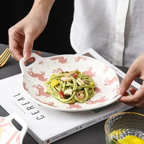 Binaural ceramic plate dark green ceramic underglaze color serving plate, dessert plate, simple household double ear rice dish