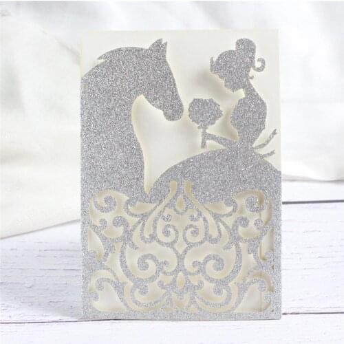 Glittery Silver Invitation Card Horse Girl Laser Cutting Bridal Shower Birthday Party Decoration 50 Pieces