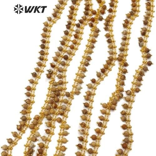 WT-RBC106 Natural Stone Chain Natural Picasso Stone Beads With Gold Color Rosary 4MM Beads Chain For Jewelry Making