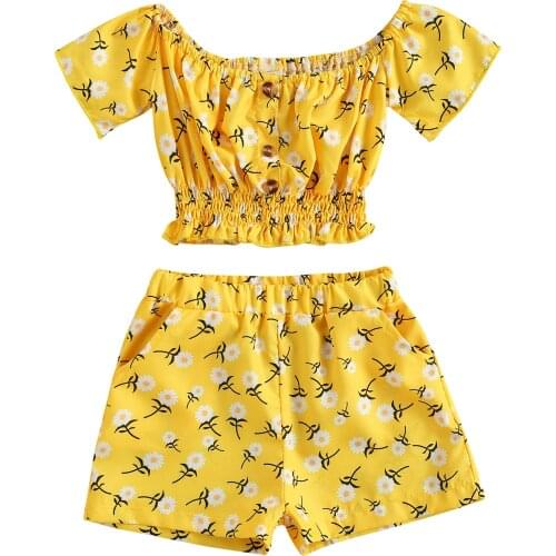 Baby Floral Print Clothes Set, Girls Short Sleeve Off-shoulder Tops with Buttons + Elastic Waist Short Pants