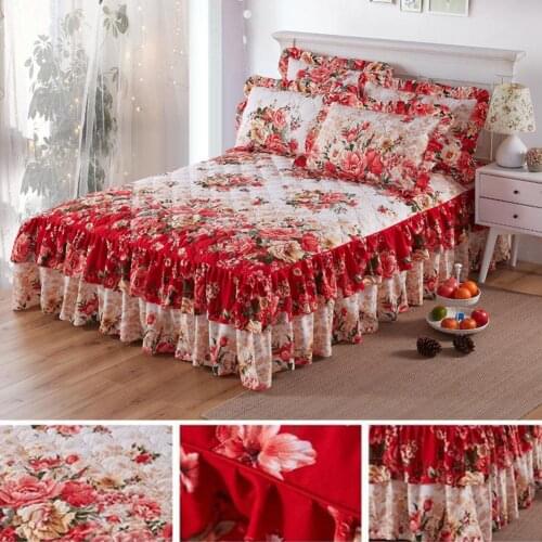 Ethnic Flower Pattern Polyester Ruffled Bed Skirt Bedclothes Sheet Queen King Bedding Bedspread Home Romantic Wedding Bed Decor
