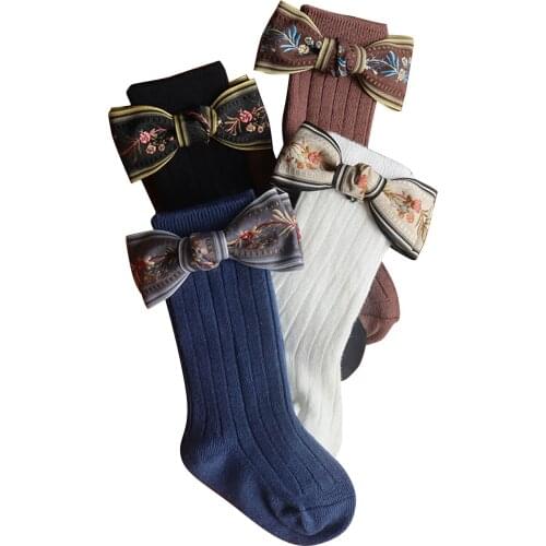 Cotton Breathable Long Tube Stocking Newborn Baby Girls Knee High Socks Cute Bowknot Solid Color Toddler Infant Princess Ruffled