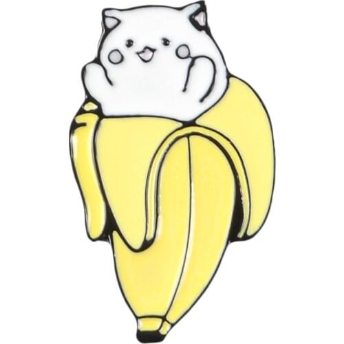 HOSENG Cute Cartoon Banana Cat Animals Yellow White Brooch Women Man Children Backpack Lapel Enamel Jewelry Pin Gift HS_616