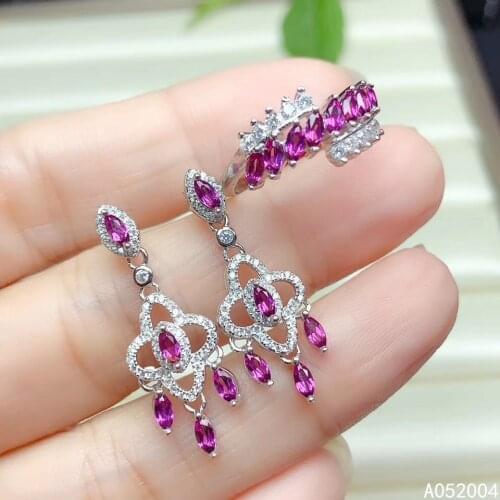 KJJEAXCMY Fine Jewelry 925 sterling silver inlaid natural garnet female ring earring set classic supports test