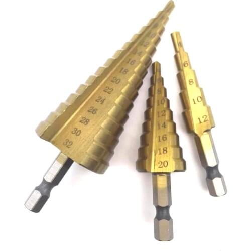 1Pc Hex Titanium Step Cone Drill Bit 4-12/20/32mm HSS Steel Step Cone Drill for Woodworking Cutting Tools Wood Drill Bit Set