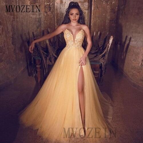 Youthful Yellow Prom Dresses Lace Appliques Long Prom Dress High Split Formal Party Gowns Custom Made Vestido-de festa-Longo