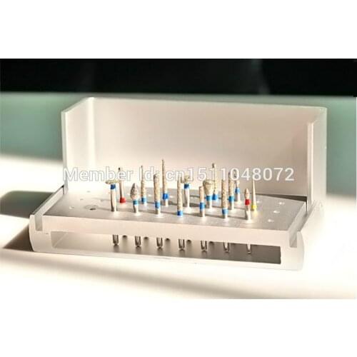 NEW 16 pcs Dental Diamond Buffing High Speed Burs + 1 Disinfection Holder BlockSteel Nitrate Carbide Burs Drills Dentistry