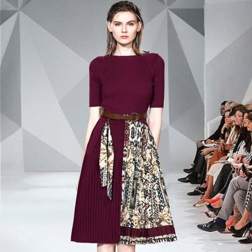 2021 Autumn Vintage Slim Knitted Patchwork Dress Fashion Women Half Sleeve Ethnic Printing Elegant Party Pleated Dress With Belt
