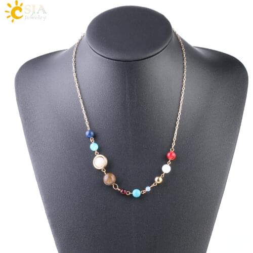 CSJA Solar System Necklace Gold Color Planet Necklaces Star Colar Choker Natural Gems Stone Beads Charms Jewelry for Women S240