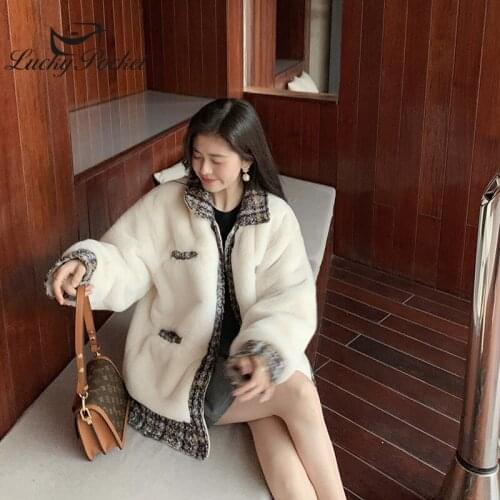 Women Winter New Fashion Slim Spliced Elegant Fur Leather Female Casual Sweet Outerwear Ladies Warm Loose Lamb Fur Coats ML503