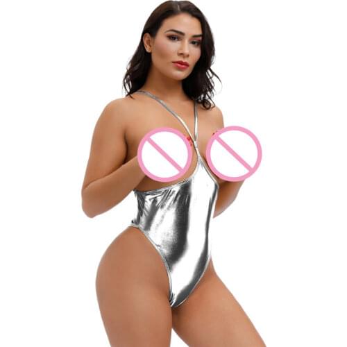 Sexy bikini swimwear women swimsuit one piece biquini bikinis Patent leather Bright light Halter String Lace Dew Thong Nightclub