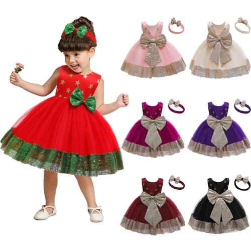 New 1-6Years Christmas dress Baby Girls Sequins Bowknot Dresses Lace Pageant Party Wedding Tutu Gown Hairband robe noel fille M5