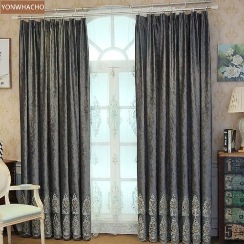 Custom curtains European luxury grey blue Embossed embroidery velvet cloth blackout curtain tulle drape B710