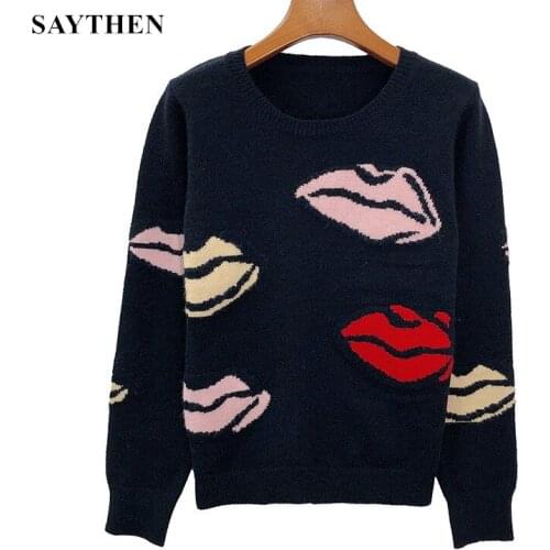 SAYTHEN Autumn And Winter Thickened 2021 New Womens European And American Cartoon Mouth Jacquard Round Neck Lazy Knit Top