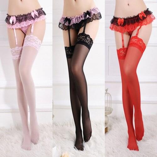 Sexy Lace Ruffles Floral Thigh High Stockings Sexy Suspenders Garter Belt Silk Mesh Temptation Female Pantyhose Seamless