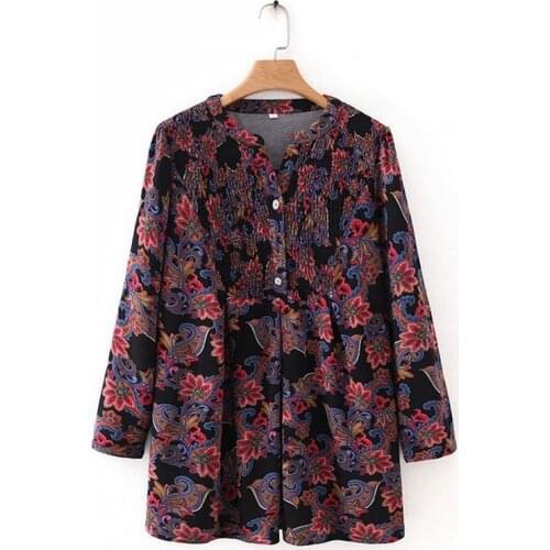 Plus Size Womens Floral Printed Blouse Long Sleeved Spring Summer Vintage Tops