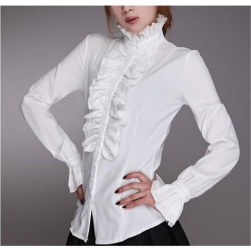Women Butterfly Sleeve Spring Elegant Blouse Formal Women OL Office Lady Shirt High Neck Frilly Ruffle Cuffs Shirt Solid Blouse